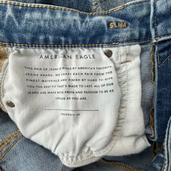 American Eagle Slim Jeans — Y2K Distressed Washed Blue Denim Men's W33 L32 - Picture 11 of 13